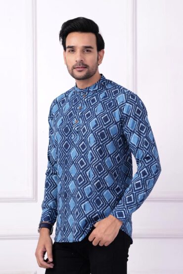 Indigo Square Printed Cotton Katha Short Kurta