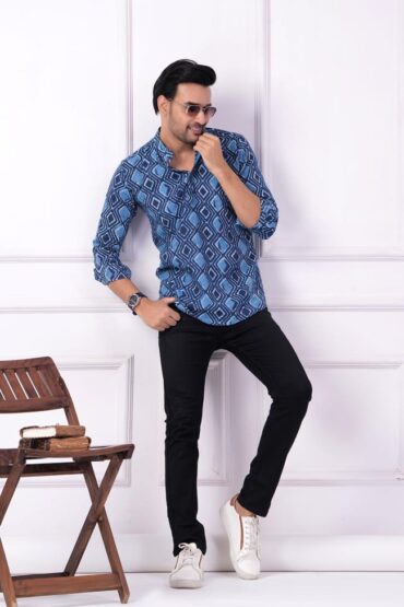 Indigo Square Printed Cotton Katha Short Kurta